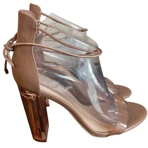 Aldo Bekka Blush Clear Ankle Tie Transparent Block Heel Sandals 8.5 1078684